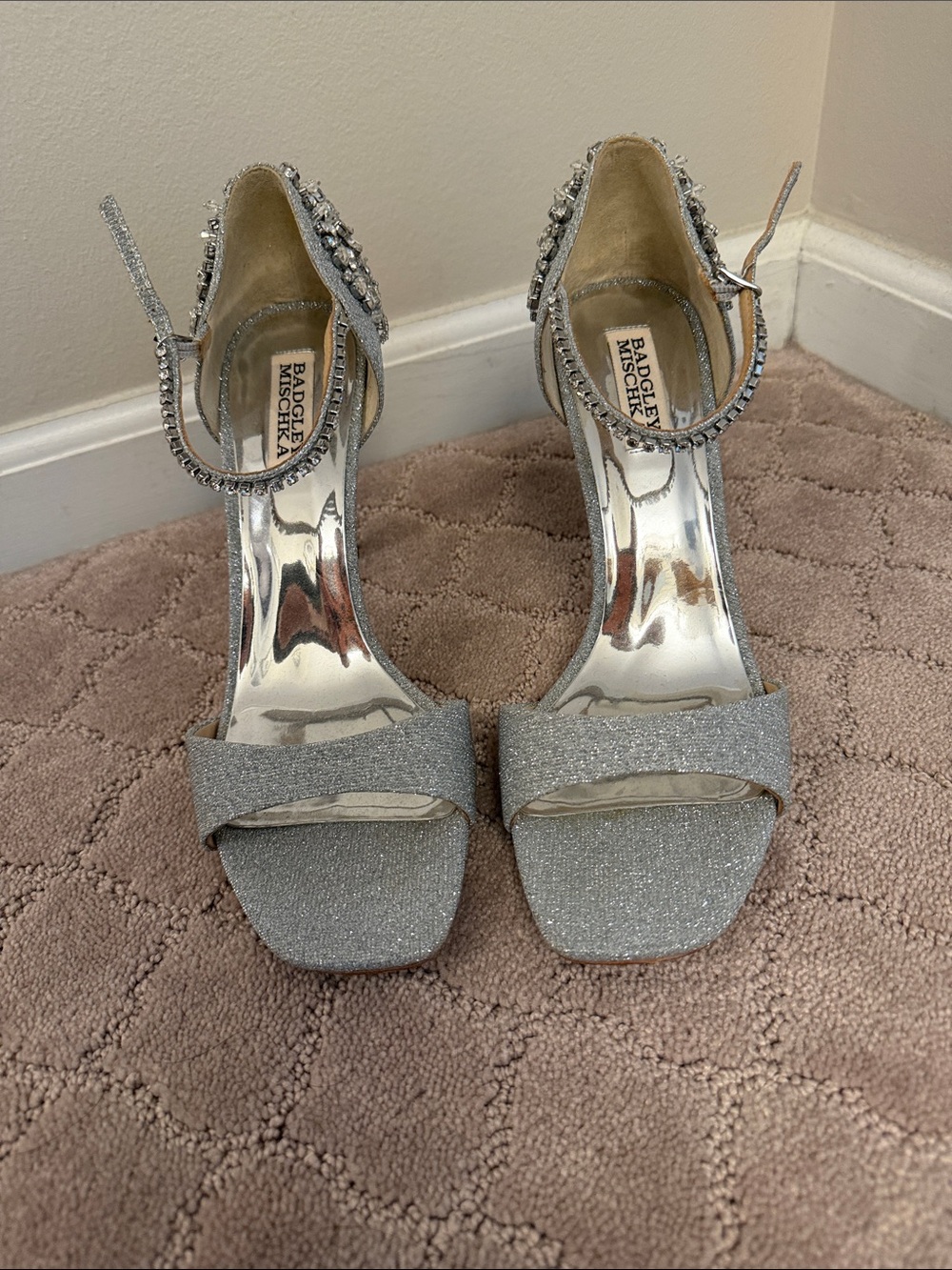 Badgley Mischka Silver Glitter Crystal-Ankle Strap Heels